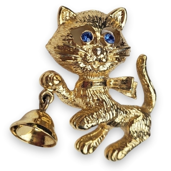 Avon Frisky Kitty Brooch Vintage 1974 Cat Bell Pin Rhinestone Brushed Gold Plate - Picture 1 of 7